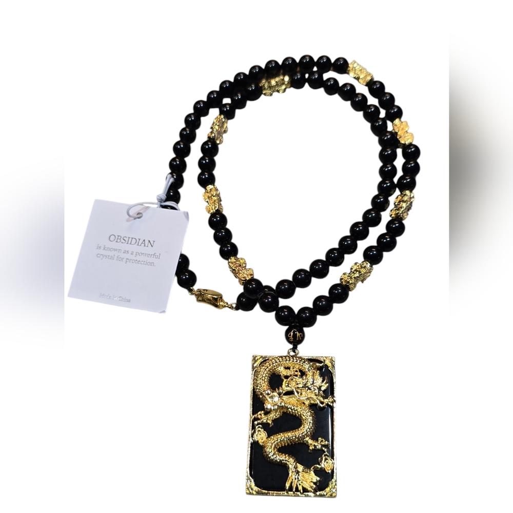 Natural Stone Obsidian  And Gold Dragon Pendant Beaded Unisex Necklace